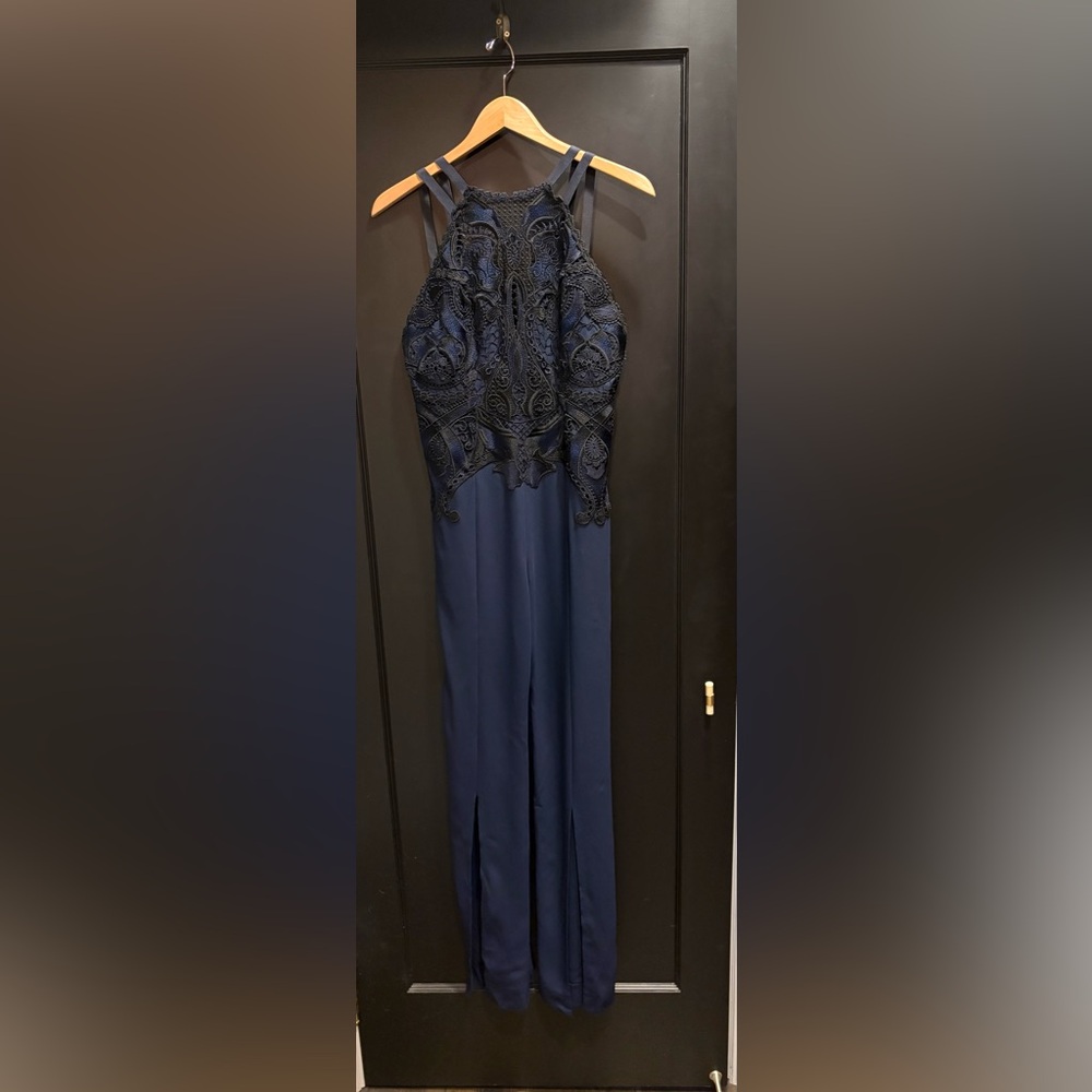 Jonathan Simkhai navy Lace crochet Jumpsuit with front slit silk size 4